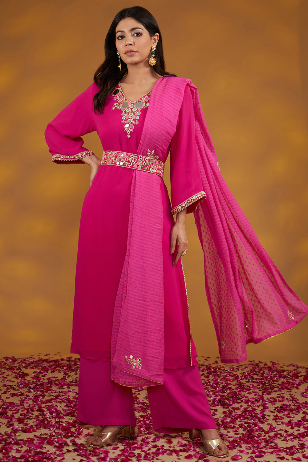 Pink Georgette Hand Embroidered Kurta Suit Set - Auraya Fashion - House of Supriya - 