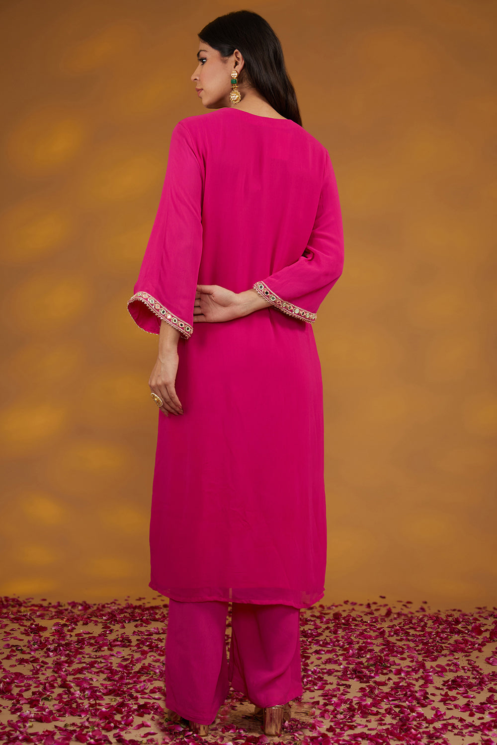 Pink Georgette Hand Embroidered Kurta Suit Set - Auraya Fashion 