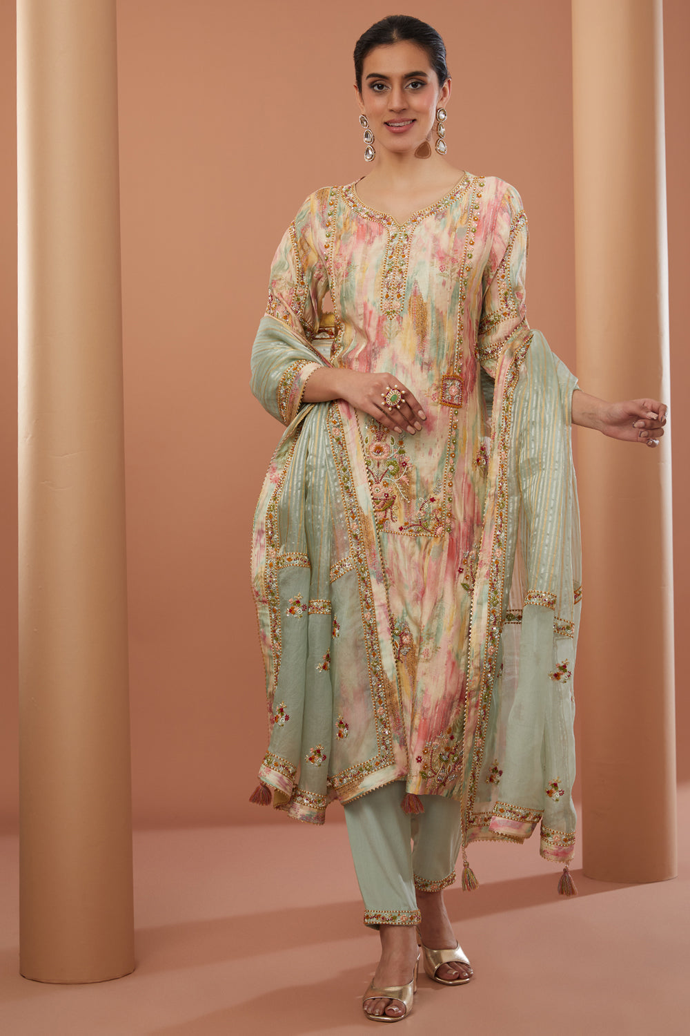 Beige Chanderi Silk Hand Embroidered Kurta Suit Set - Auraya Fashion - House of Supriya - 