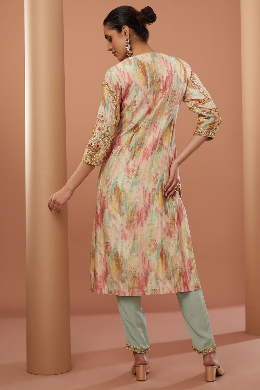 Beige Chanderi Silk Hand Embroidered Kurta Suit Set - Auraya Fashion 