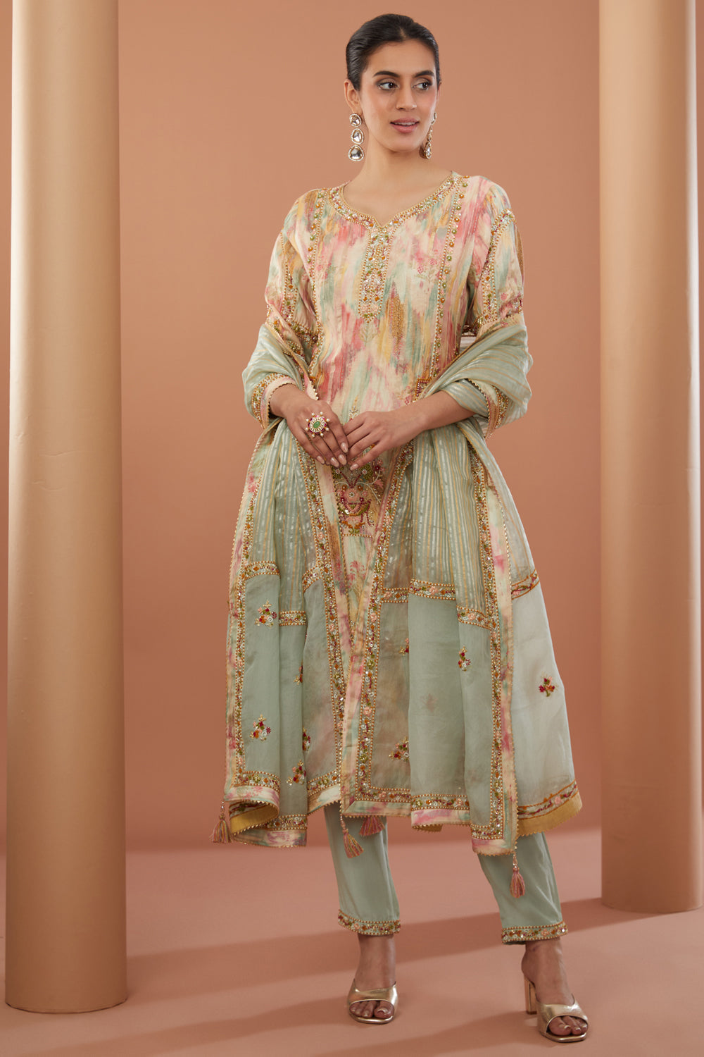 Beige Chanderi Silk Hand Embroidered Kurta Suit Set - Auraya Fashion 