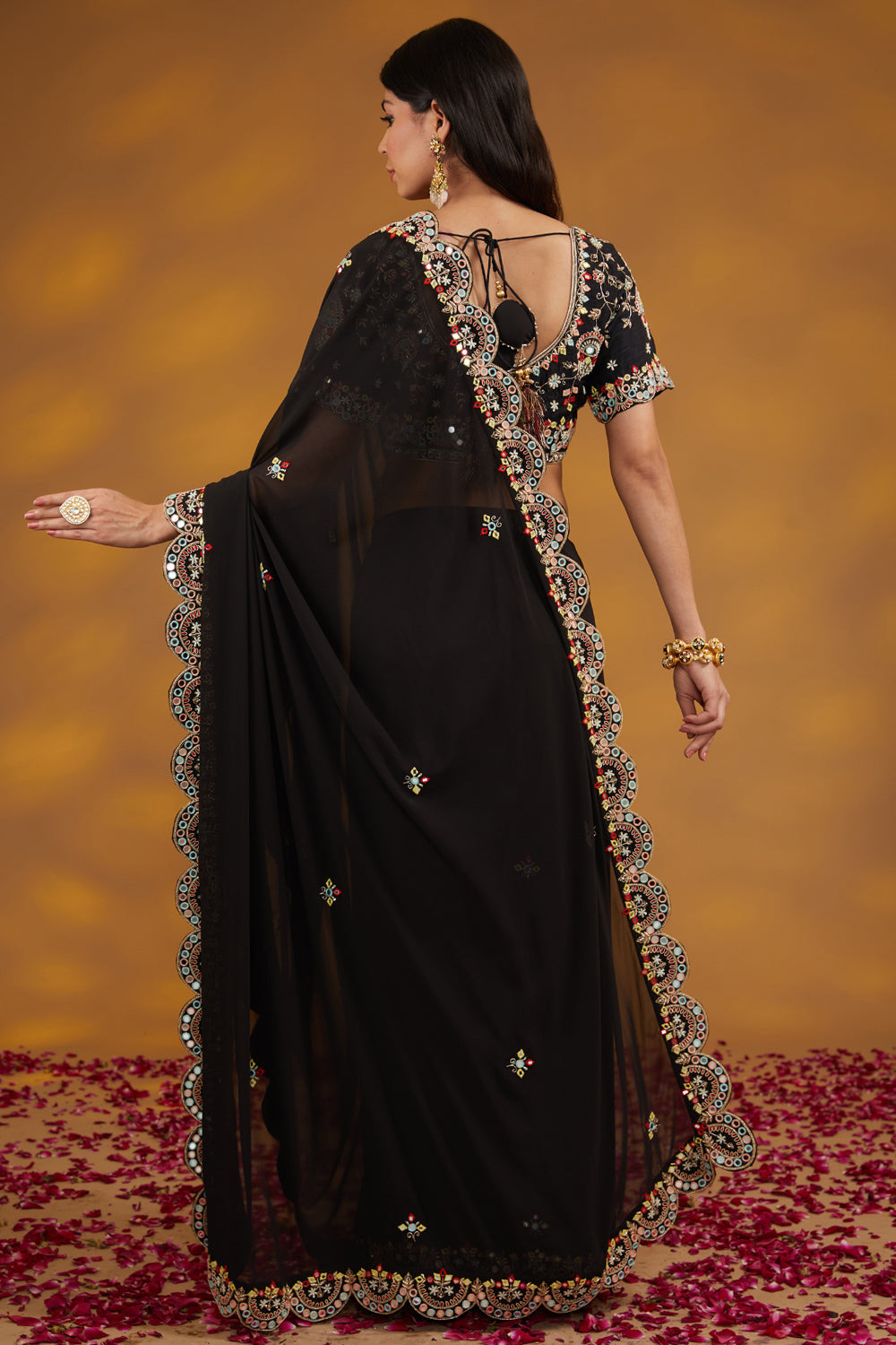 Black Georgette Hand Embroidered Saree Set - Auraya Fashion 