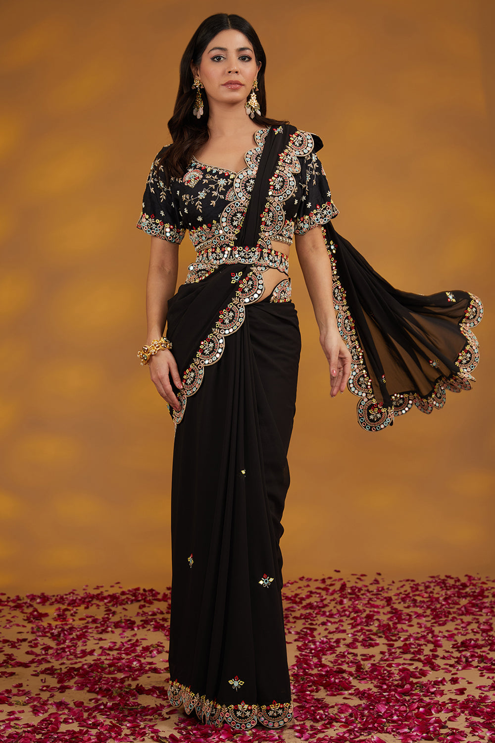 Black Georgette Hand Embroidered Saree Set - Auraya Fashion 