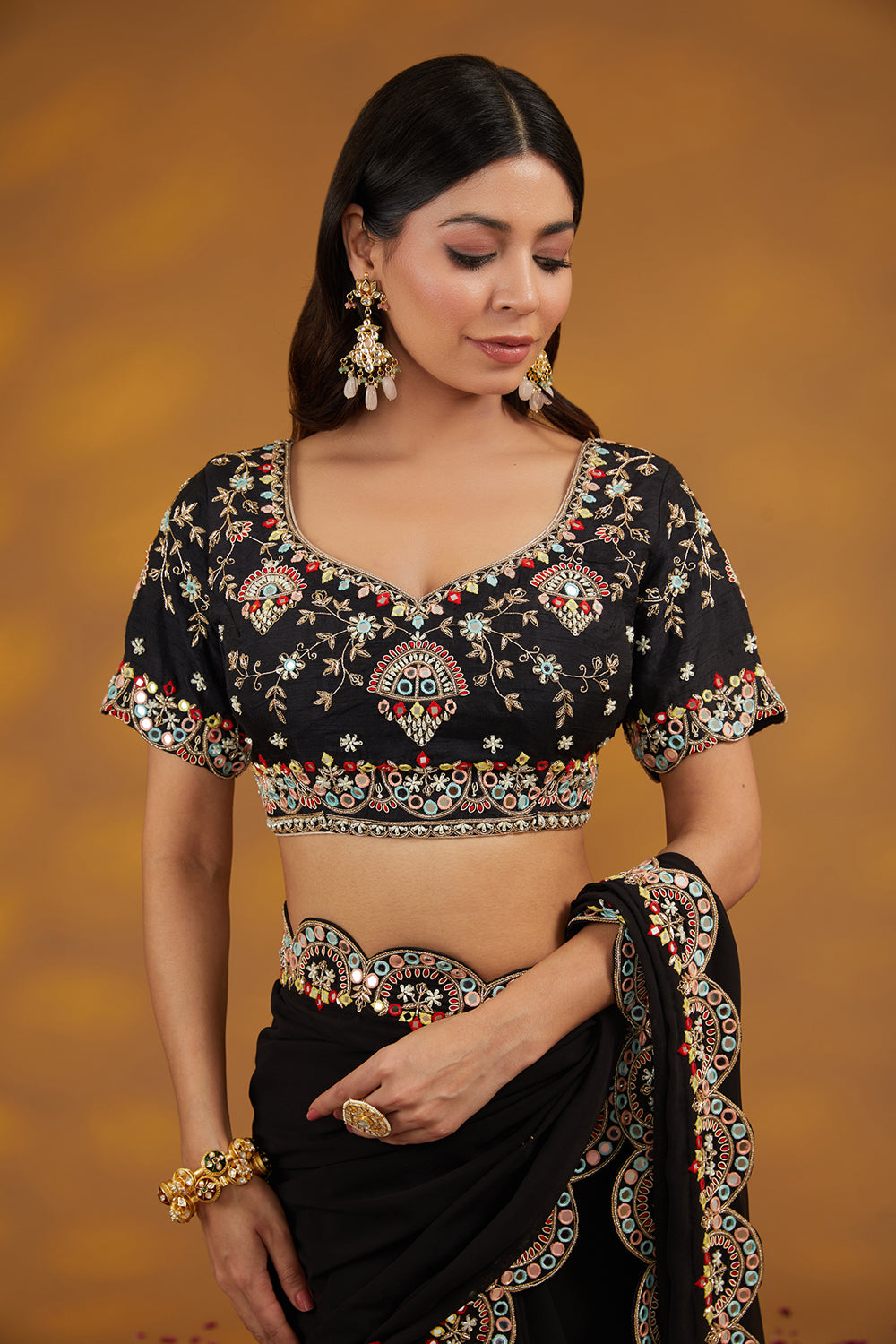 Black Georgette Hand Embroidered Saree Set - Auraya Fashion 
