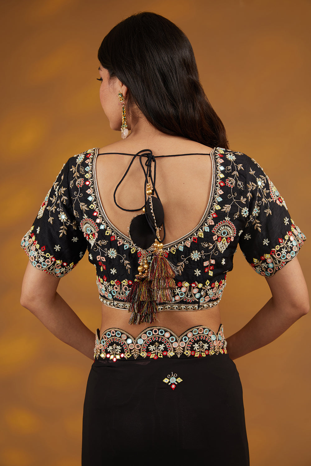 Black Georgette Hand Embroidered Saree Set - Auraya Fashion 