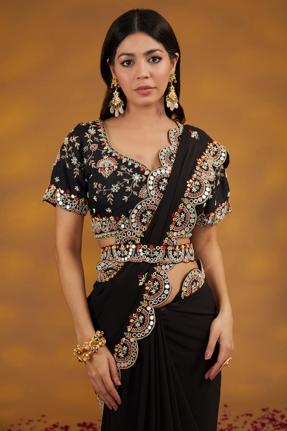Black Georgette Hand Embroidered Saree Set - Auraya Fashion 