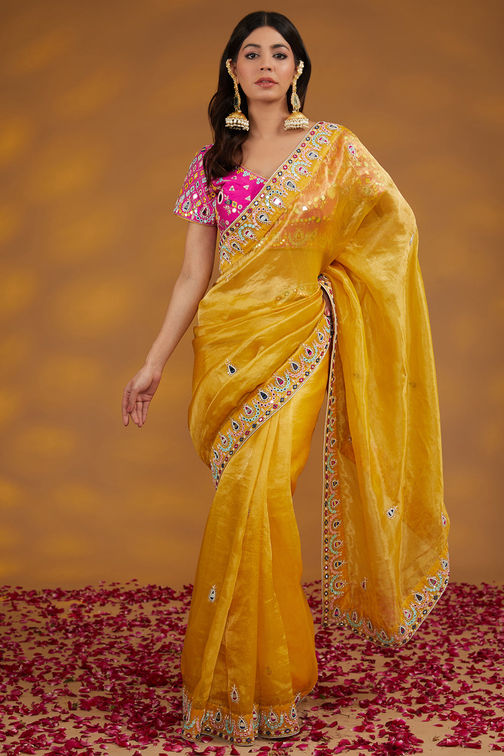 Yellow Organza Hand Embroidered Saree Set