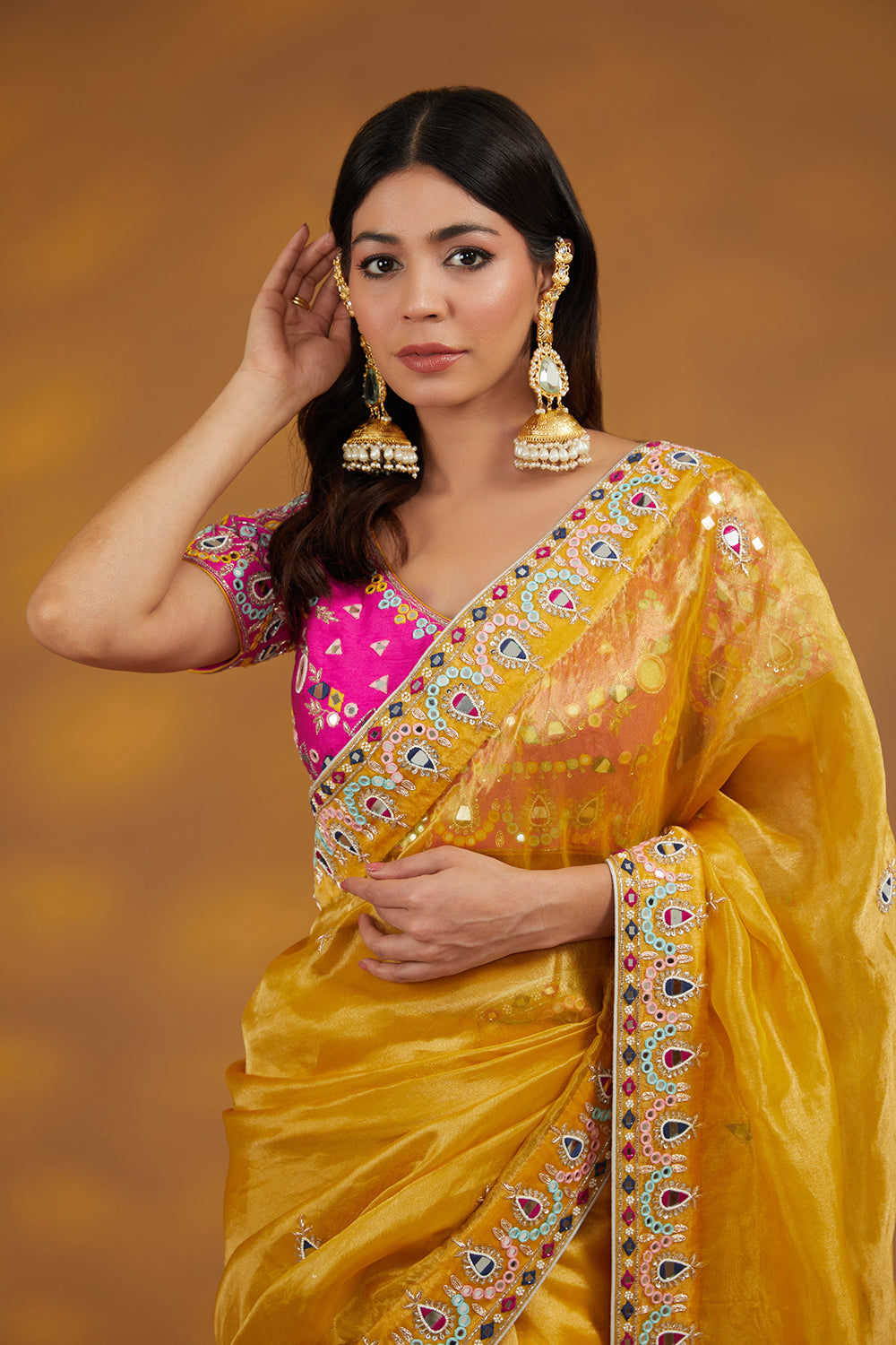 Yellow Organza Hand Embroidered Saree Set