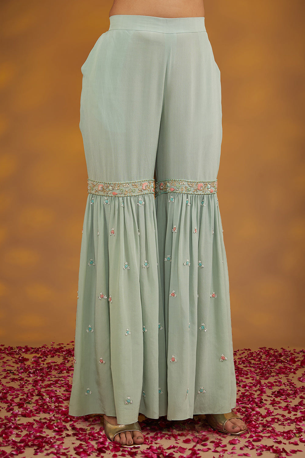 Blue Organza Hand Embroidered Sharara Set - Auraya Fashion 