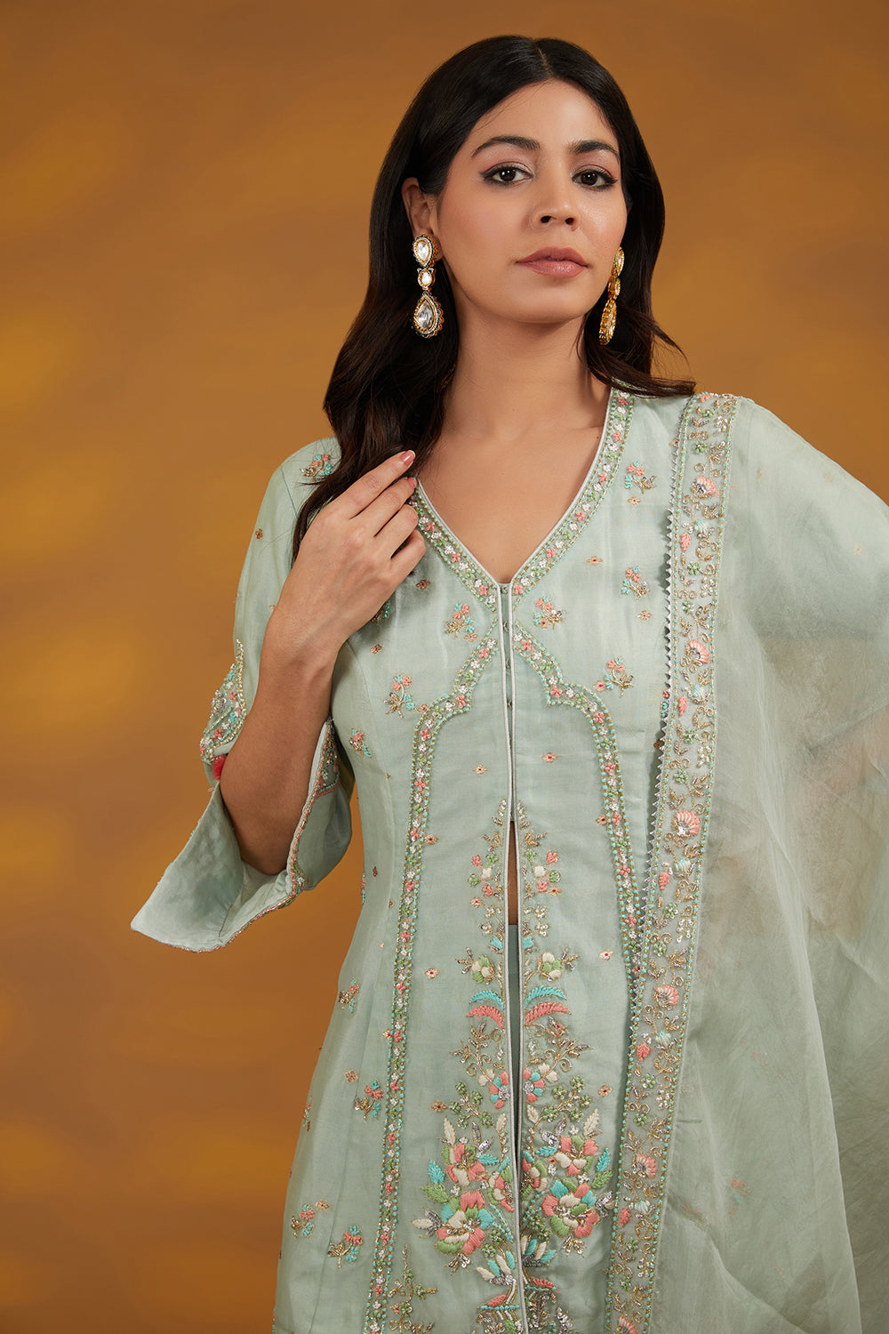 Blue Organza Hand Embroidered Sharara Set - Auraya Fashion 