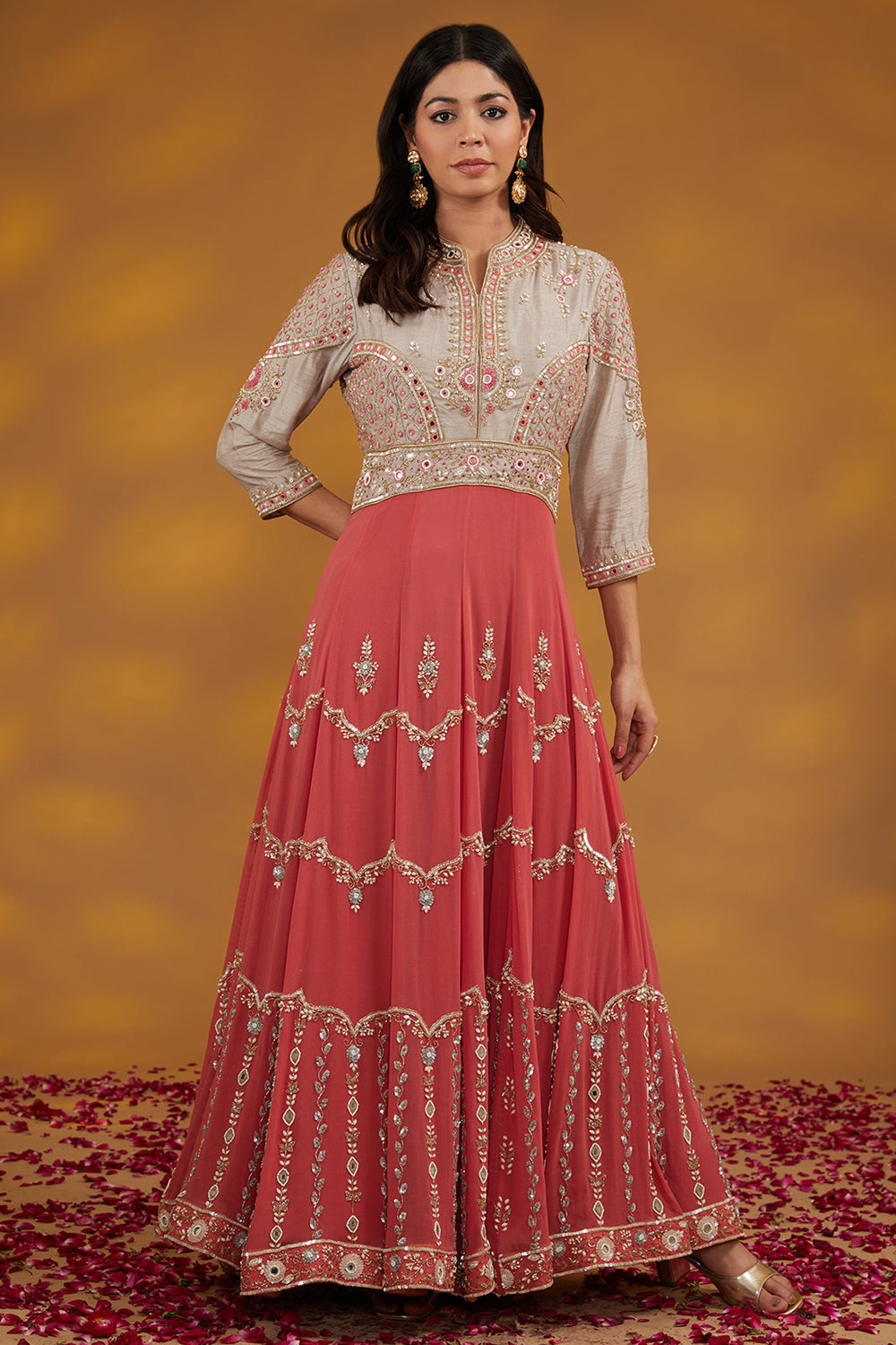 Pink Georgette Hand Embroidered Anarkali Set - Auraya Fashion 