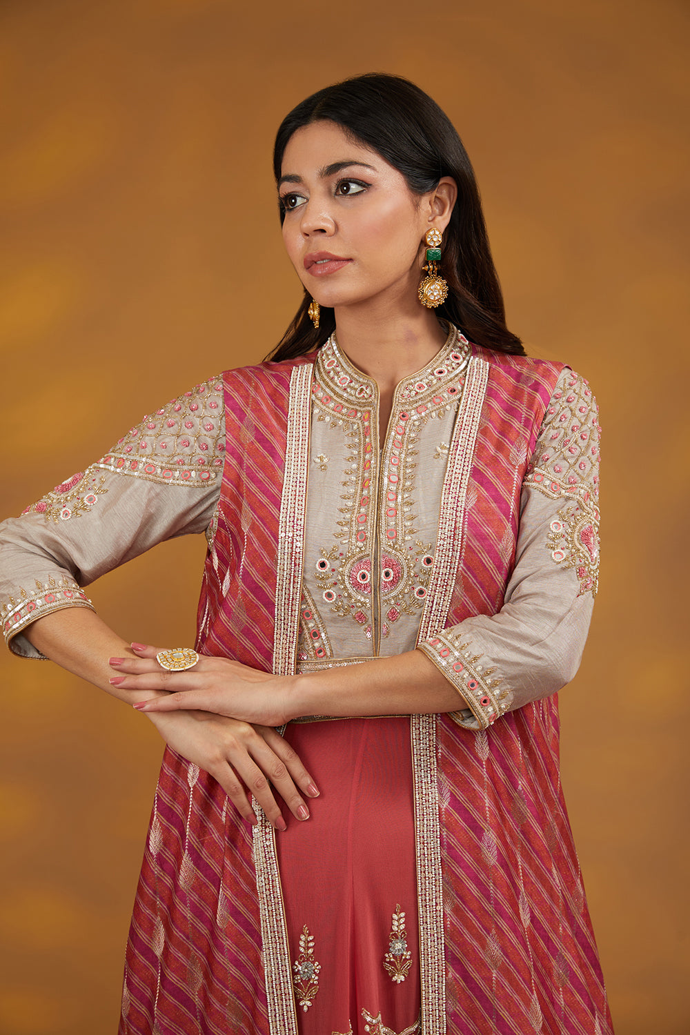 Pink Georgette Hand Embroidered Anarkali Set - Auraya Fashion 