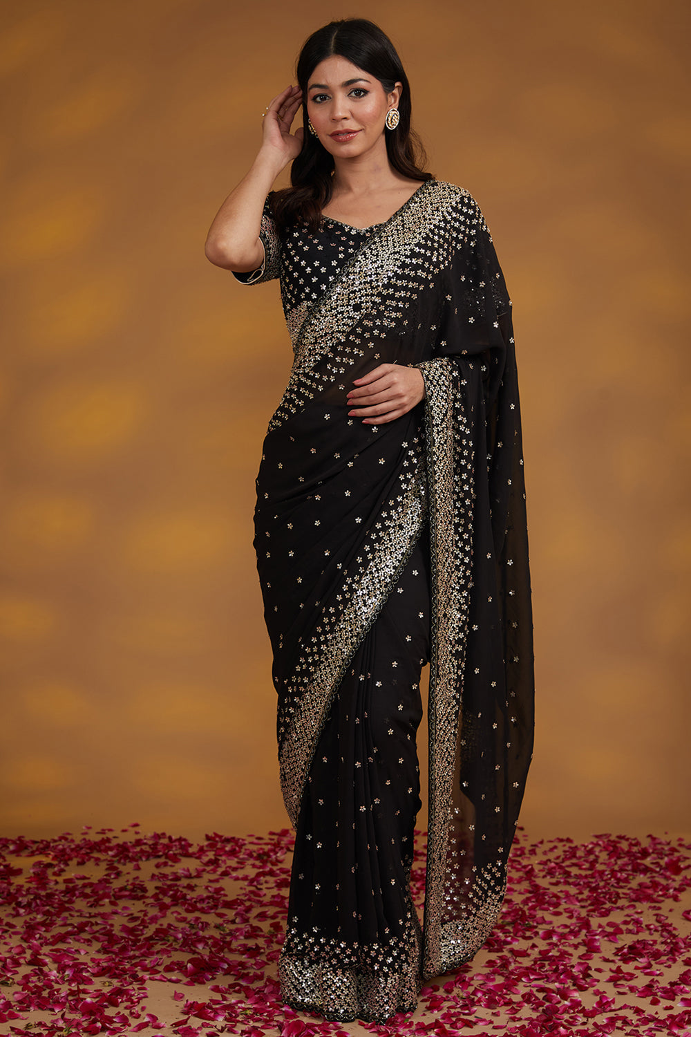 Black Georgette Hand Embroidered Saree Set - Auraya Fashion - House of Supriya - #tag1# - #tag2# - #tag3# - #tag3#