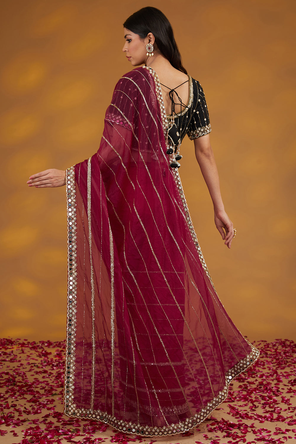 Maroon Organza Hand Embroidered Saree Set - Auraya Fashion 