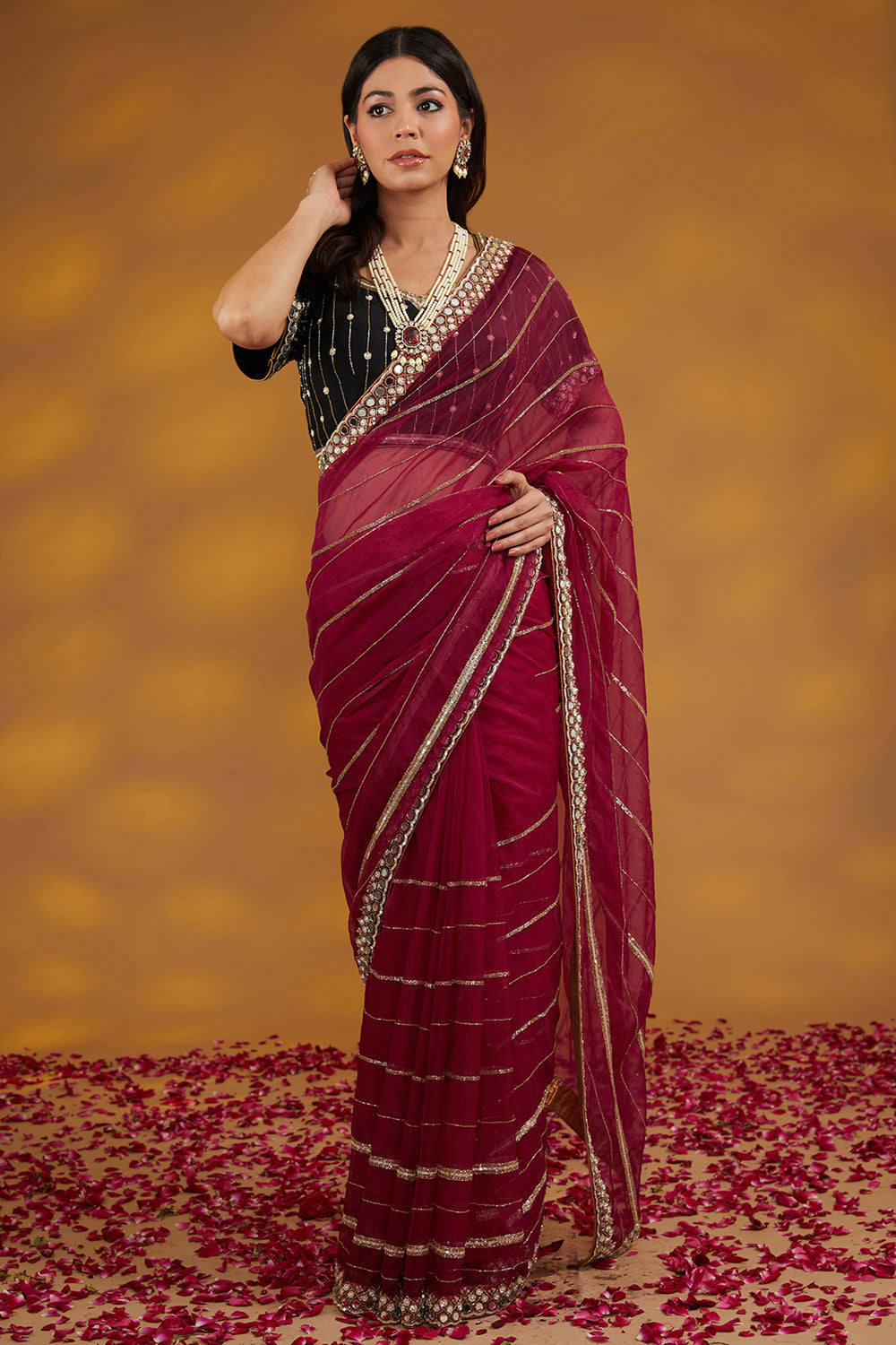 Maroon Organza Hand Embroidered Saree Set - Auraya Fashion 