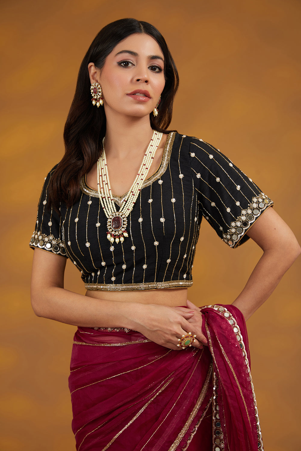 Maroon Organza Hand Embroidered Saree Set - Auraya Fashion 