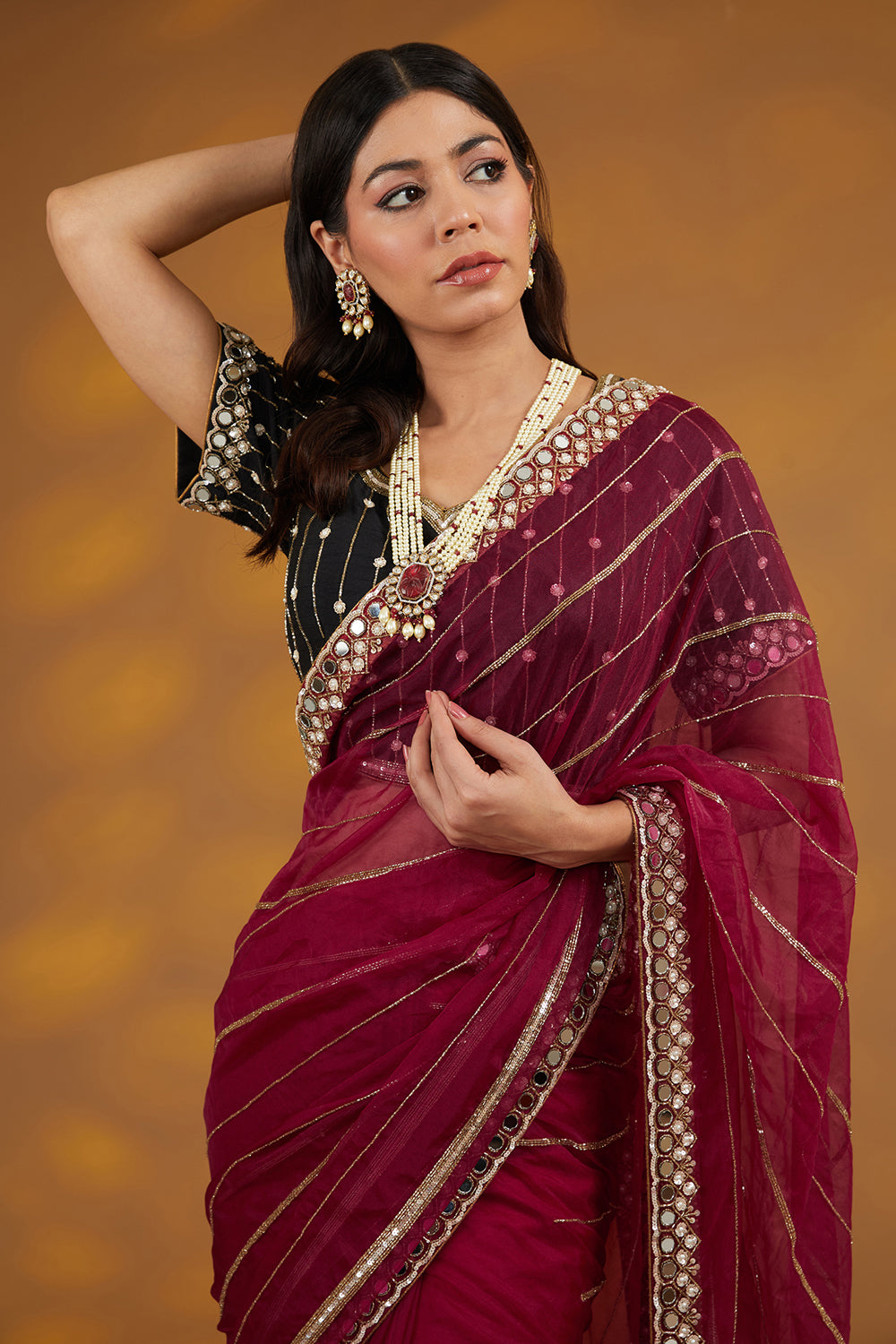 Maroon Organza Hand Embroidered Saree Set - Auraya Fashion 