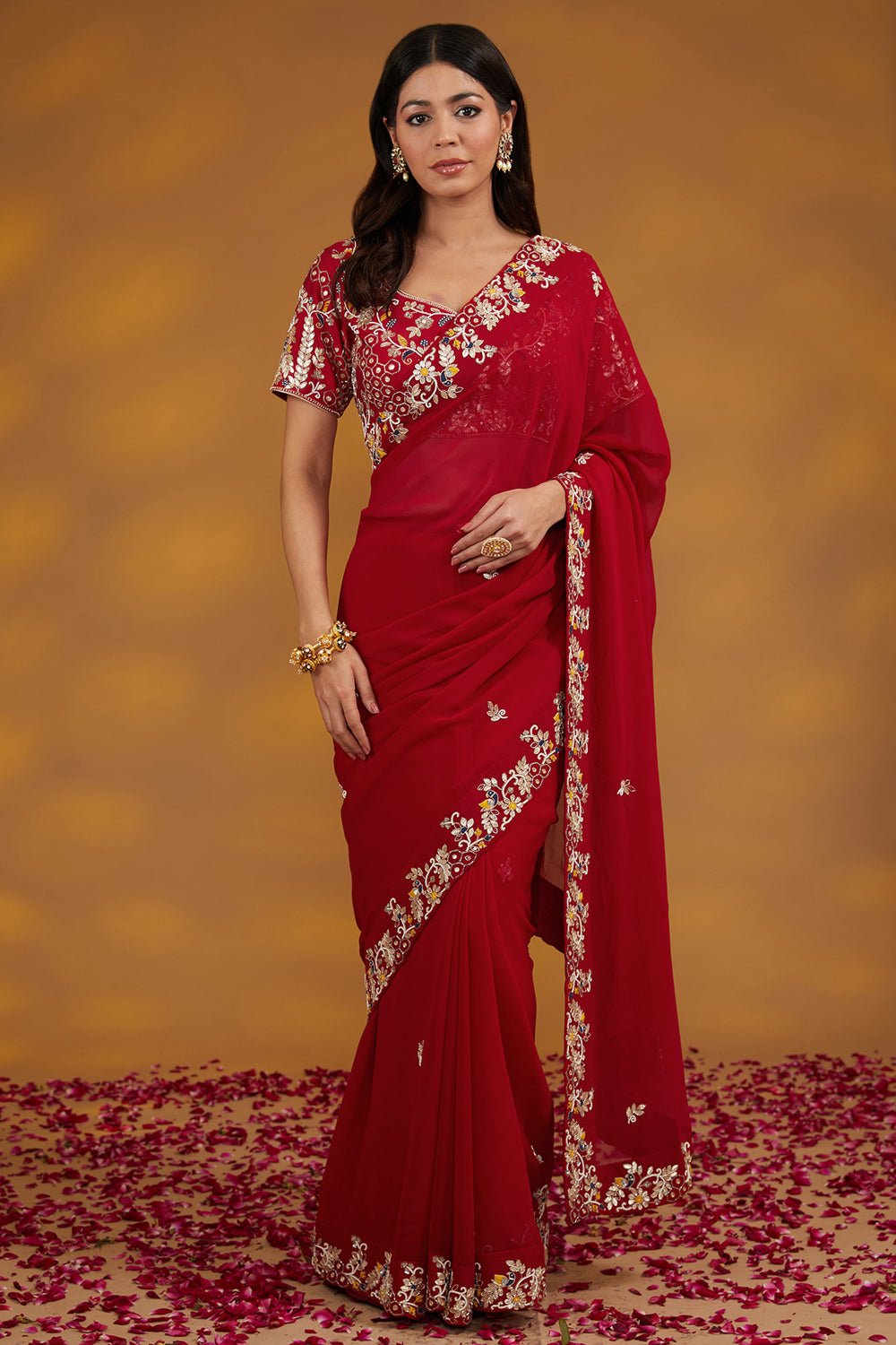 Red Georgette Hand Embroidered Saree Set - Auraya Fashion - House of Supriya - 