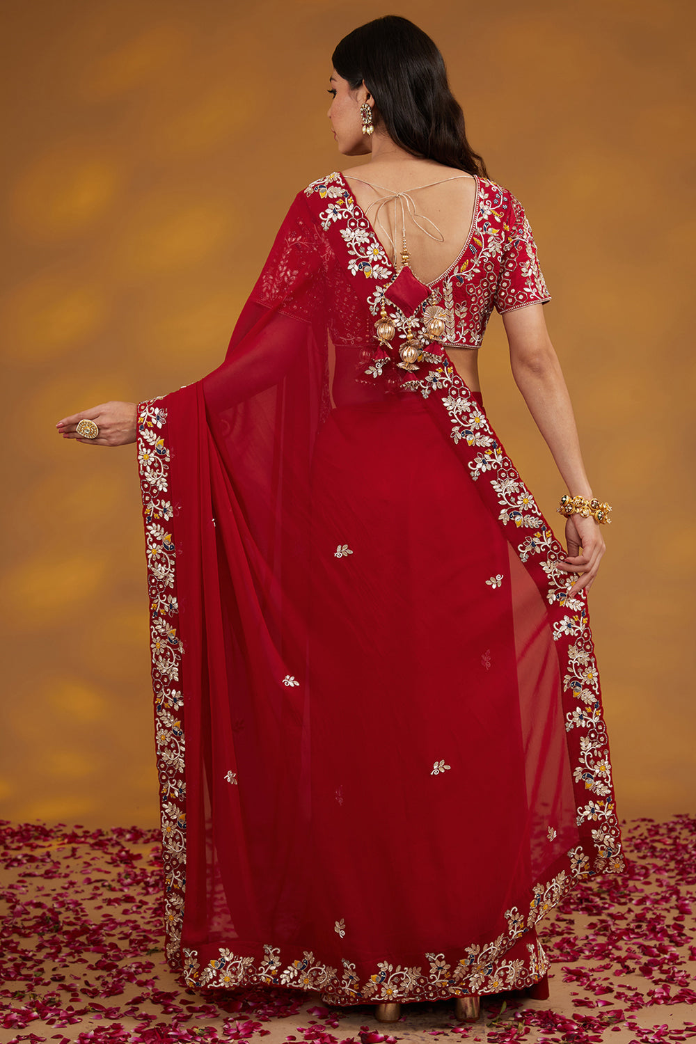 Red Georgette Hand Embroidered Saree Set - Auraya Fashion 