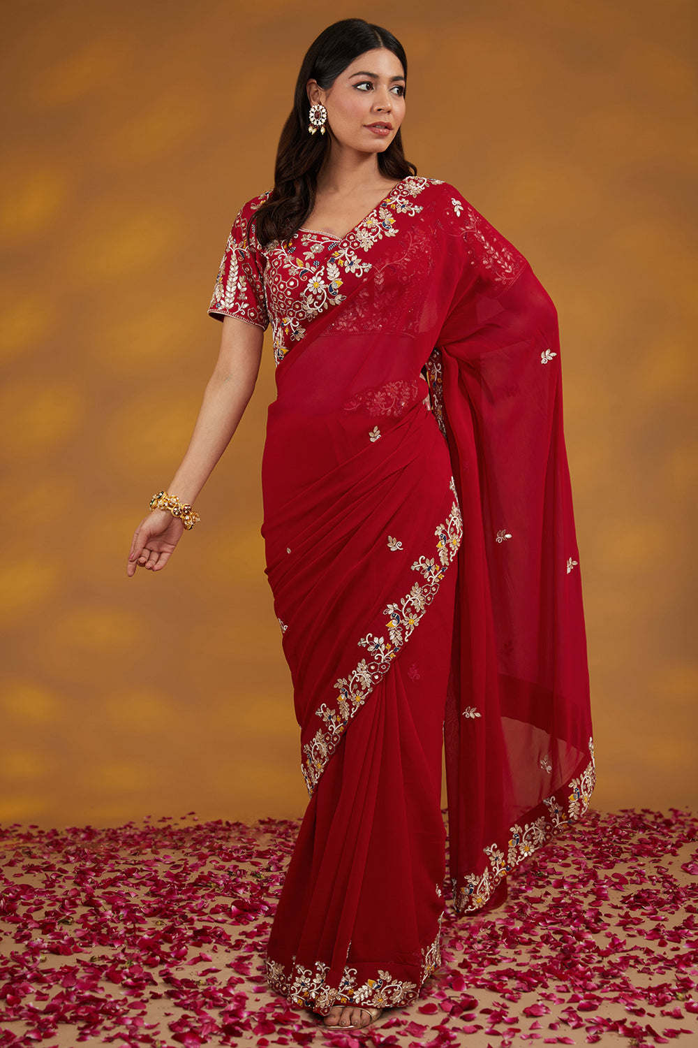 Red Georgette Hand Embroidered Saree Set - Auraya Fashion 