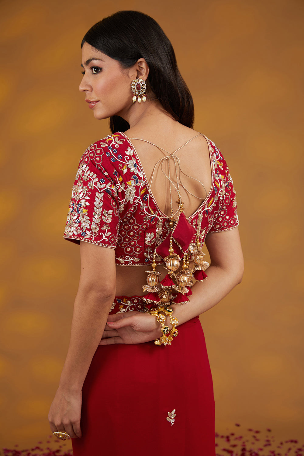 Red Georgette Hand Embroidered Saree Set - Auraya Fashion 