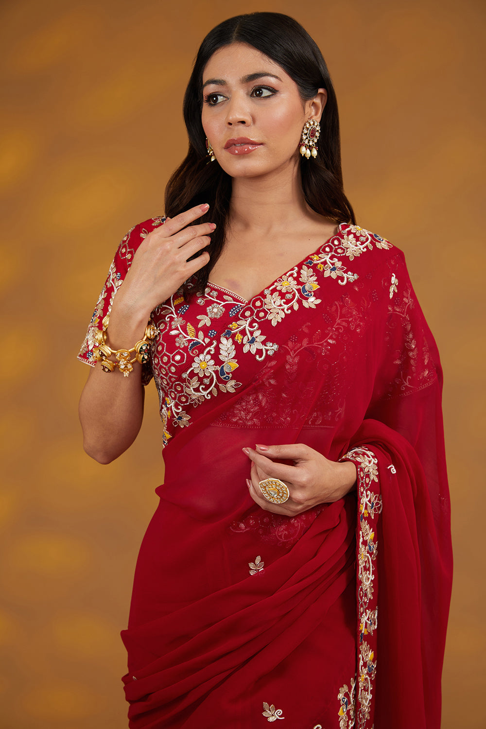 Red Georgette Hand Embroidered Saree Set - Auraya Fashion 