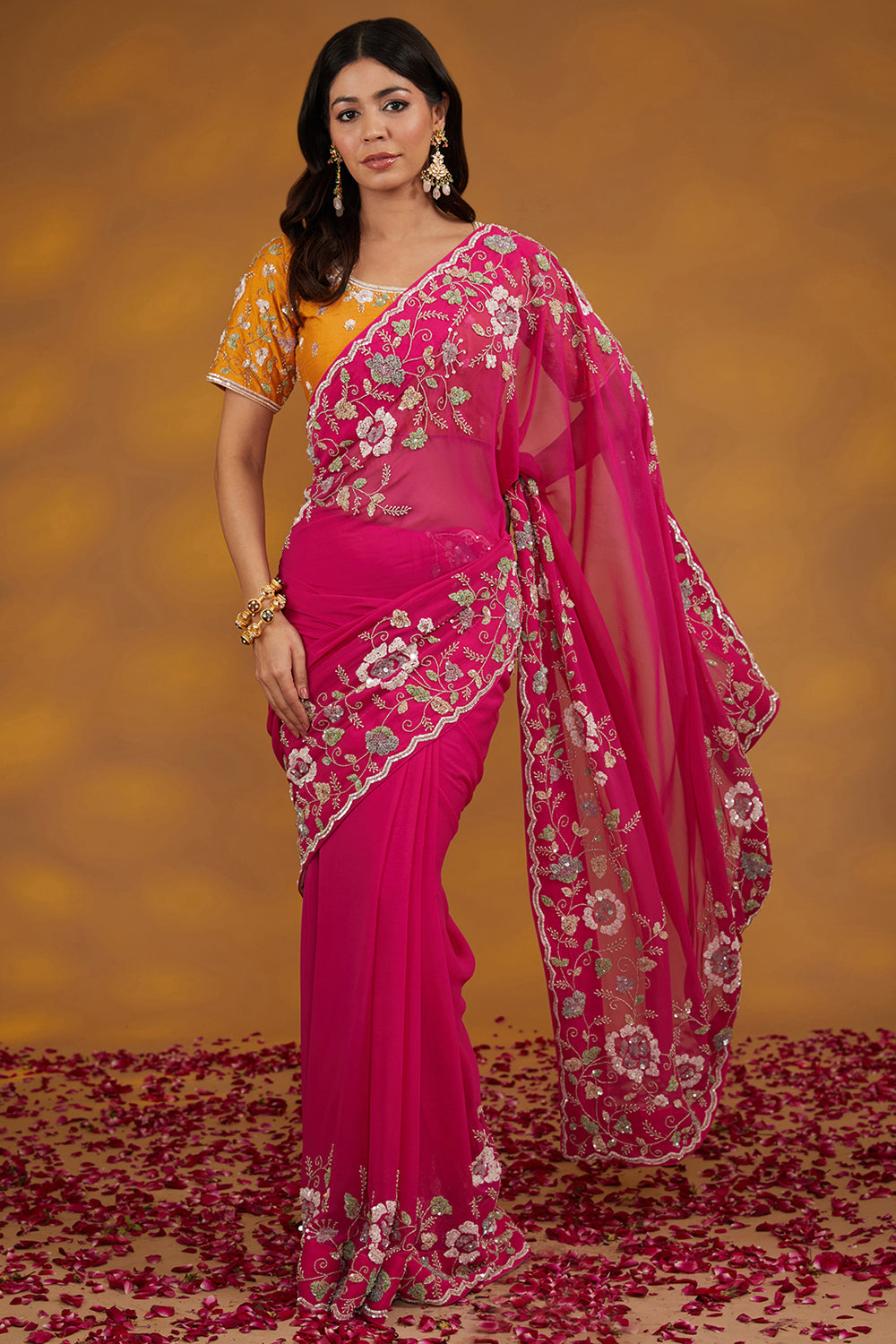 Pink Georgette Hand Embroidered Saree Set - Auraya Fashion - House of Supriya - 