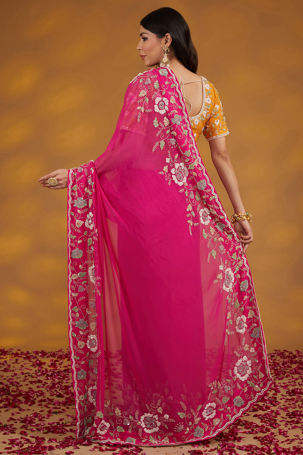 Pink Georgette Hand Embroidered Saree Set - Auraya Fashion 