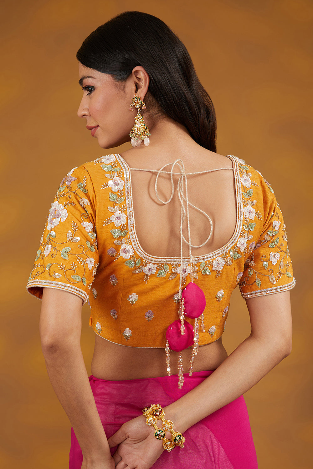 Pink Georgette Hand Embroidered Saree Set - Auraya Fashion 
