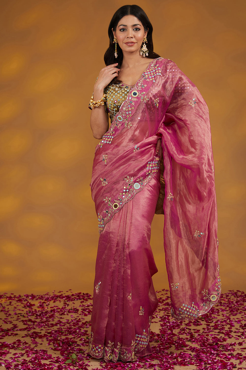 Pink Organza Tissue Hand Embroidered Saree Set - Auraya Fashion - House of Supriya - 