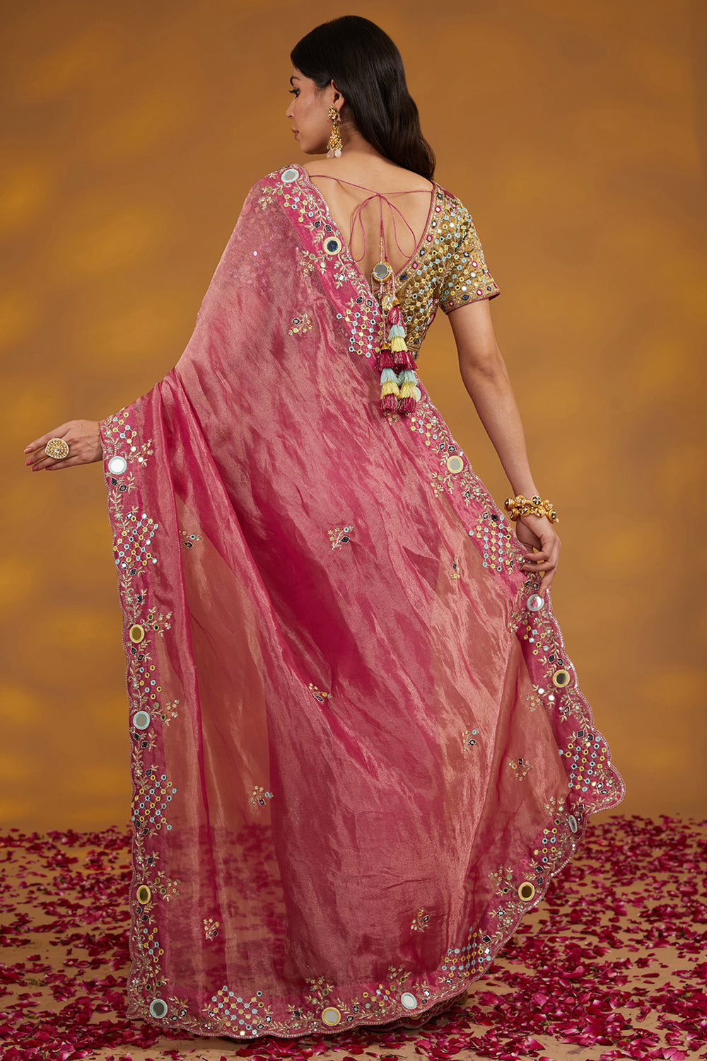 Pink Organza Tissue Hand Embroidered Saree Set - Auraya Fashion 