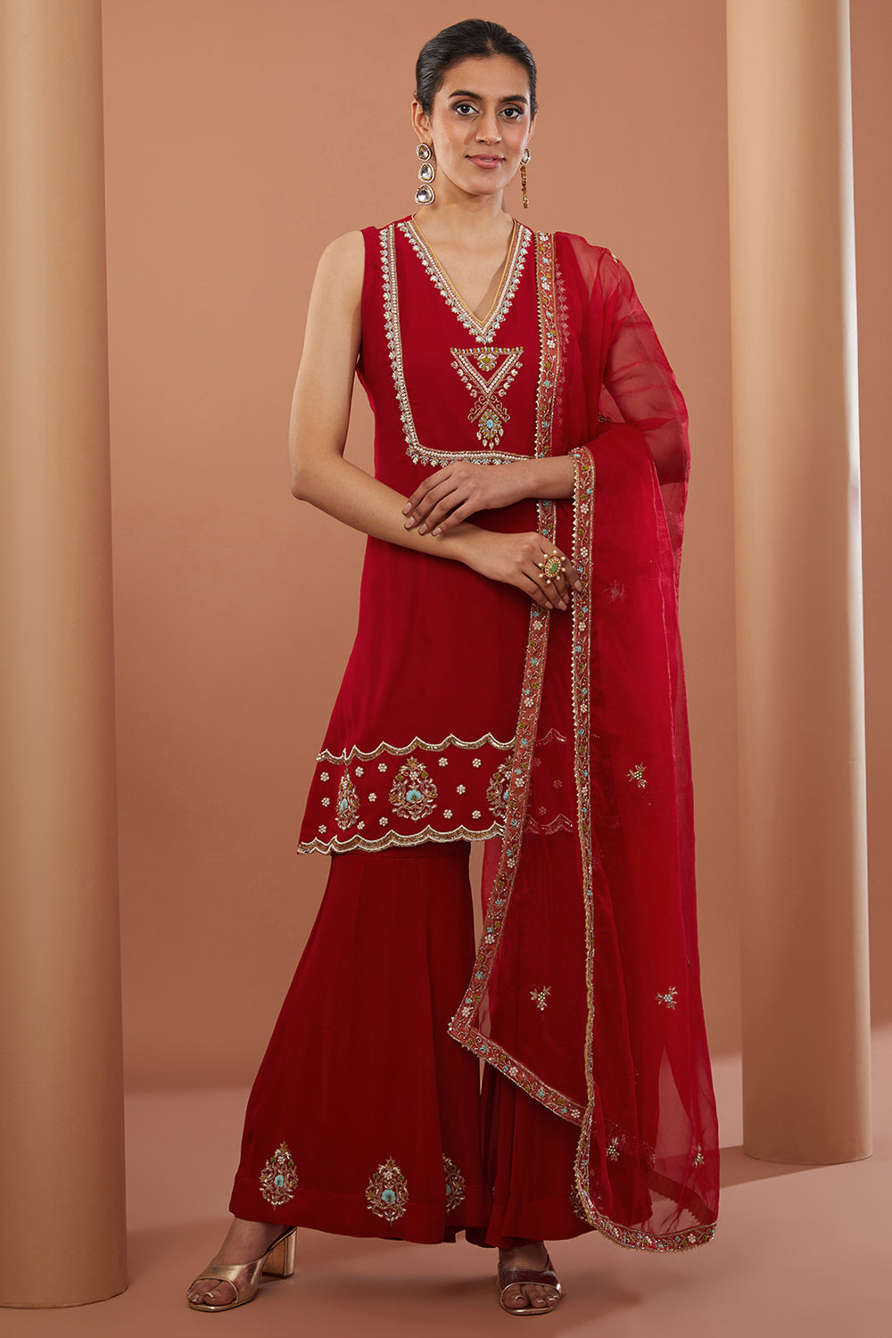 Red Georgette Hand Embroidered Kurta Suit Set - Auraya Fashion - House of Supriya - #tag1# - #tag2# - #tag3# - #tag3#