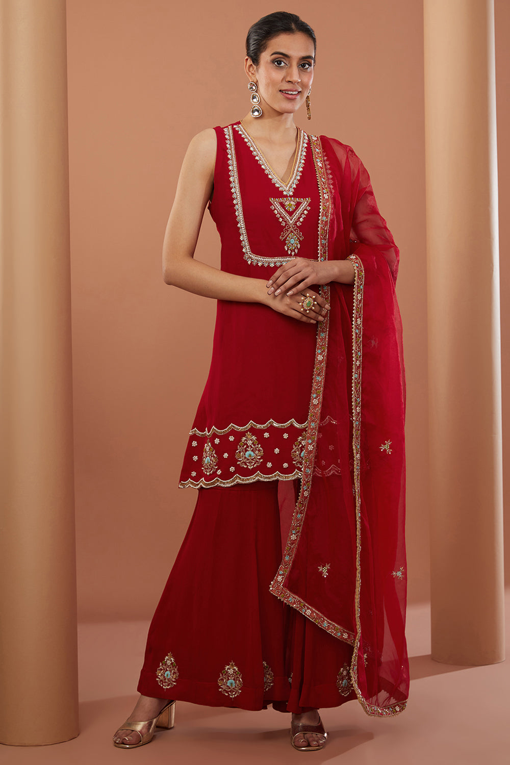 Red Georgette Hand Embroidered Kurta Suit Set - Auraya Fashion -  - #tag1# - #tag2# - #tag3# - #tag3#