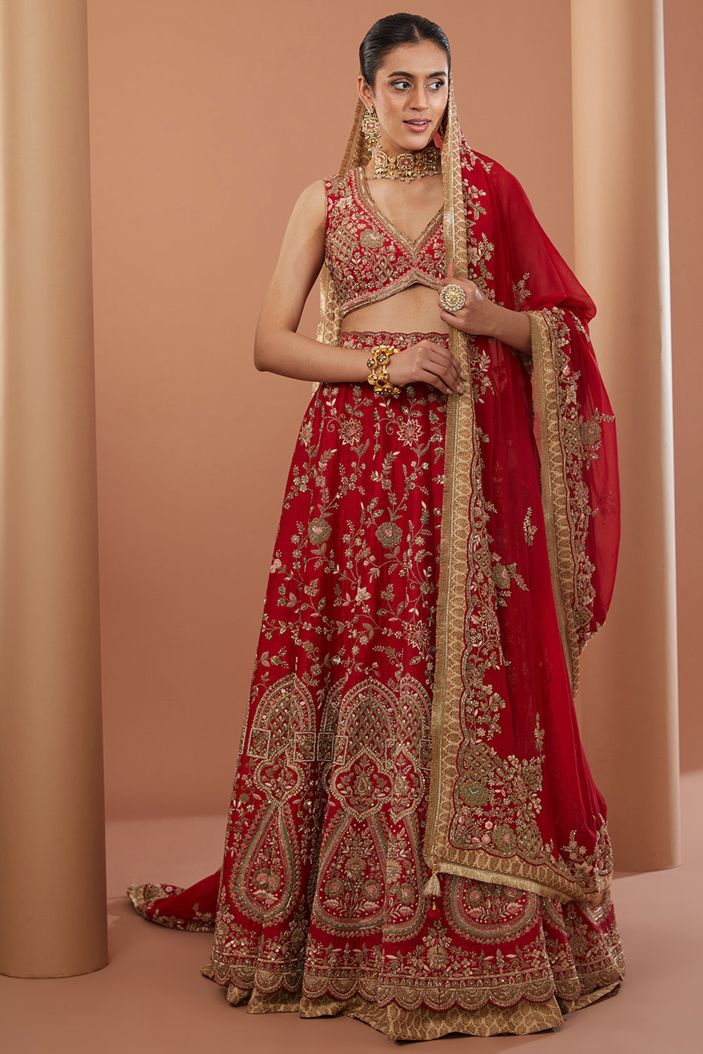 Red Raw Silk Hand Embroidered Lehanga Set - Auraya Fashion -  - #tag1# - #tag2# - #tag3# - #tag3#