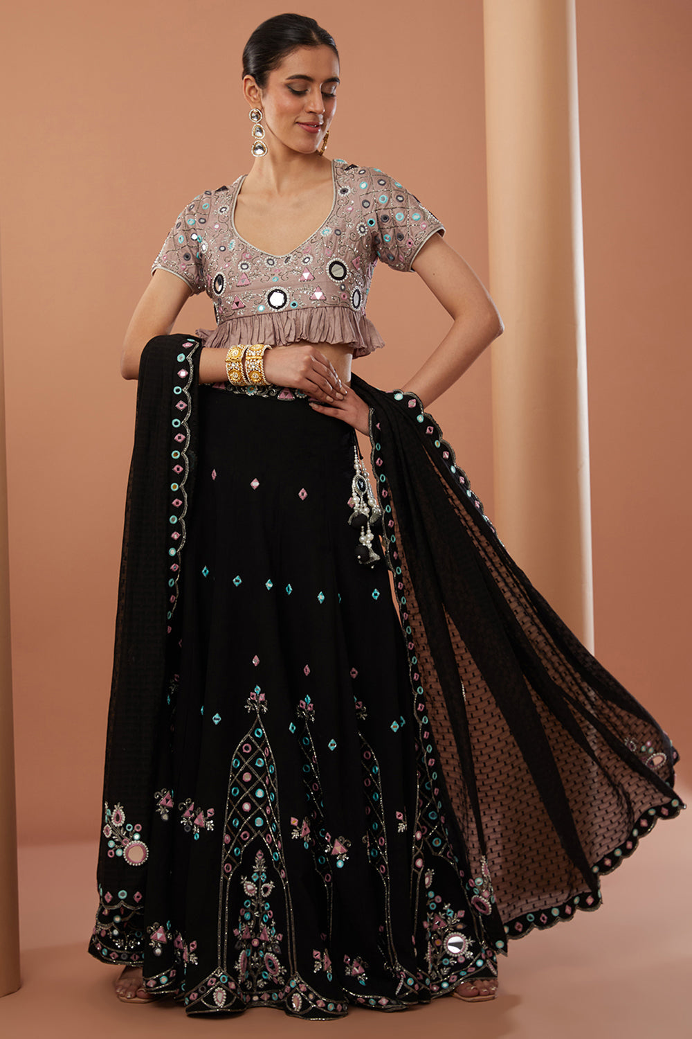 Red Georgette Hand Embroidered Lehanga Set - Auraya Fashion 