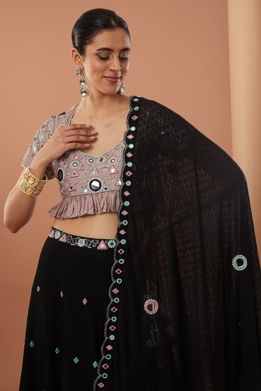 Red Georgette Hand Embroidered Lehanga Set - Auraya Fashion 