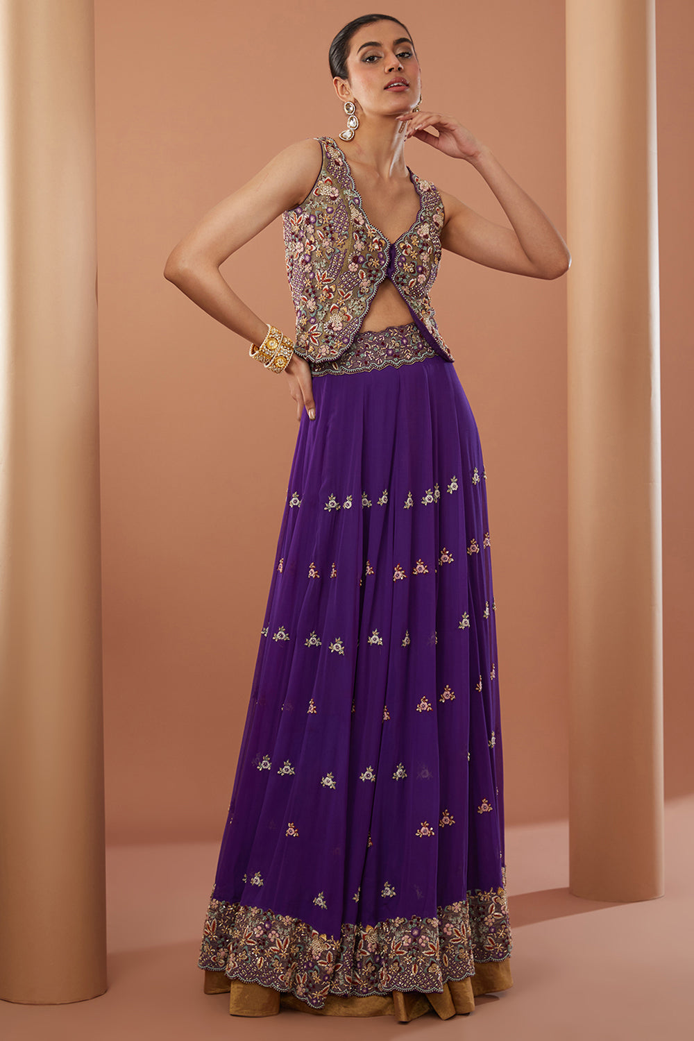 Purple Georgette Hand Embroidered Lehanga Set - Auraya Fashion - House of Supriya - 