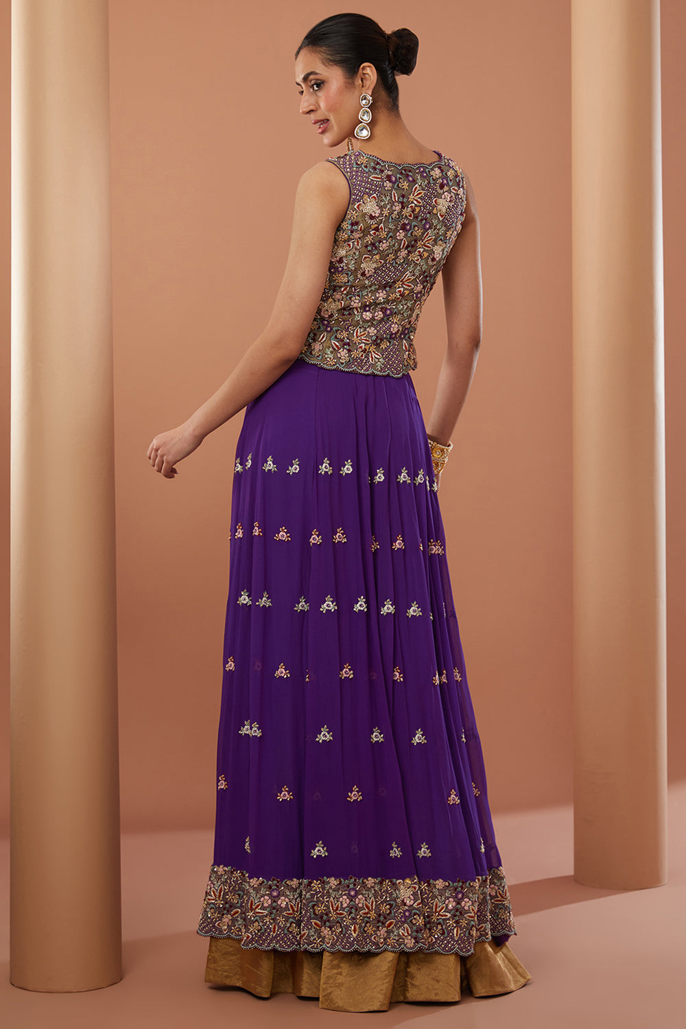 Purple Georgette Hand Embroidered Lehanga Set - Auraya Fashion 