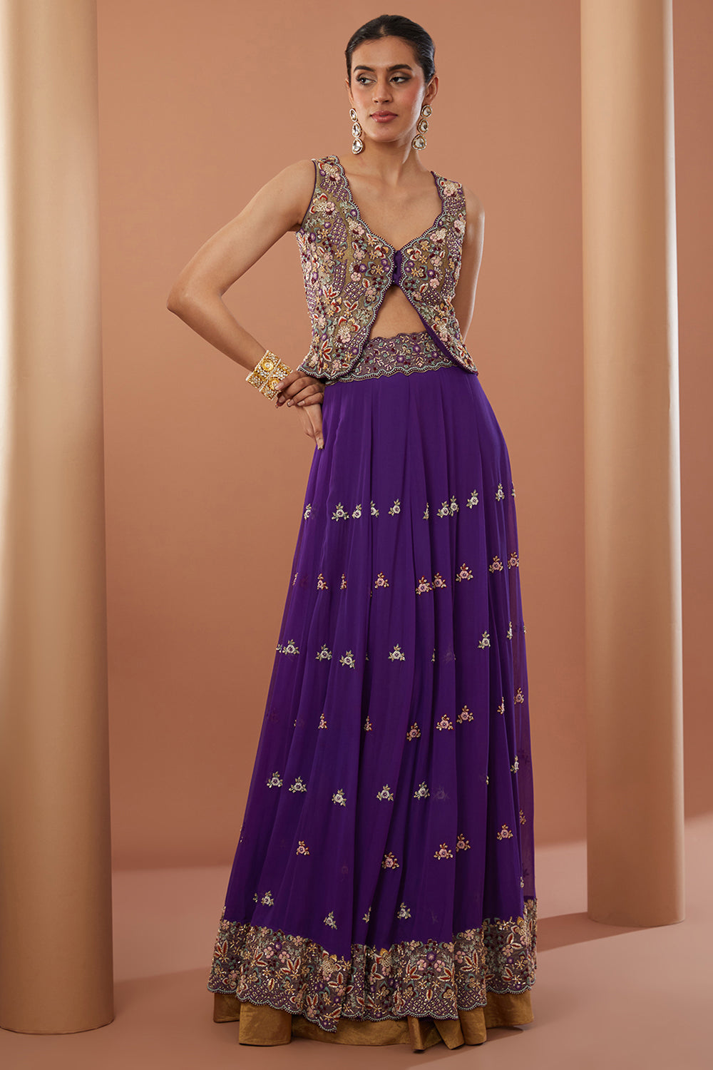 Purple Georgette Hand Embroidered Lehanga Set - Auraya Fashion 