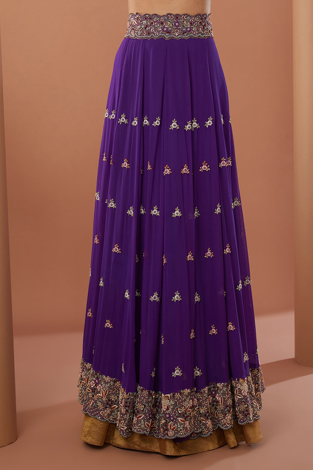 Purple Georgette Hand Embroidered Lehanga Set - Auraya Fashion 