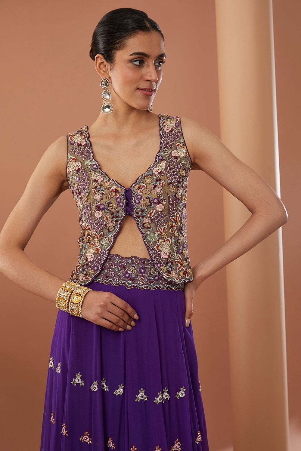 Purple Georgette Hand Embroidered Lehanga Set - Auraya Fashion 