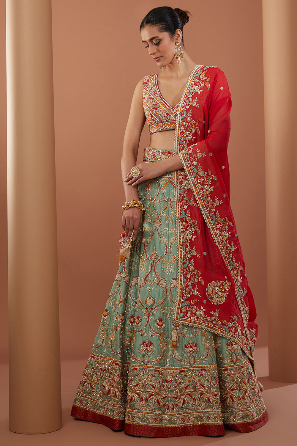 Green Raw Silk Hand Embroidered Lehanga Set - Auraya Fashion 