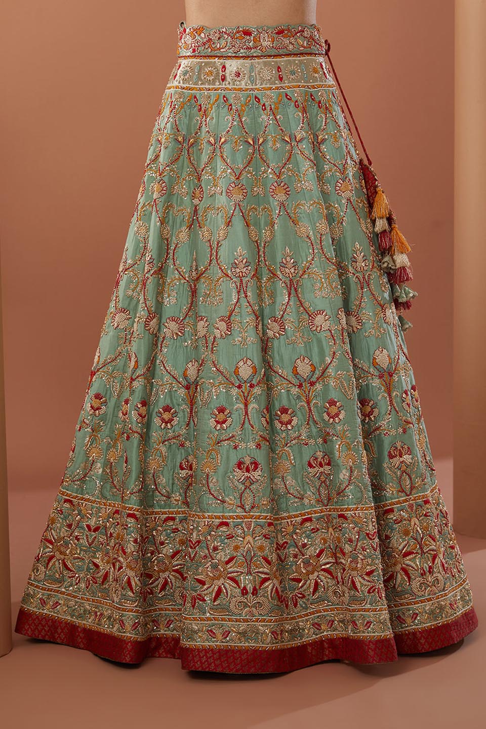 Green Raw Silk Hand Embroidered Lehanga Set - Auraya Fashion 