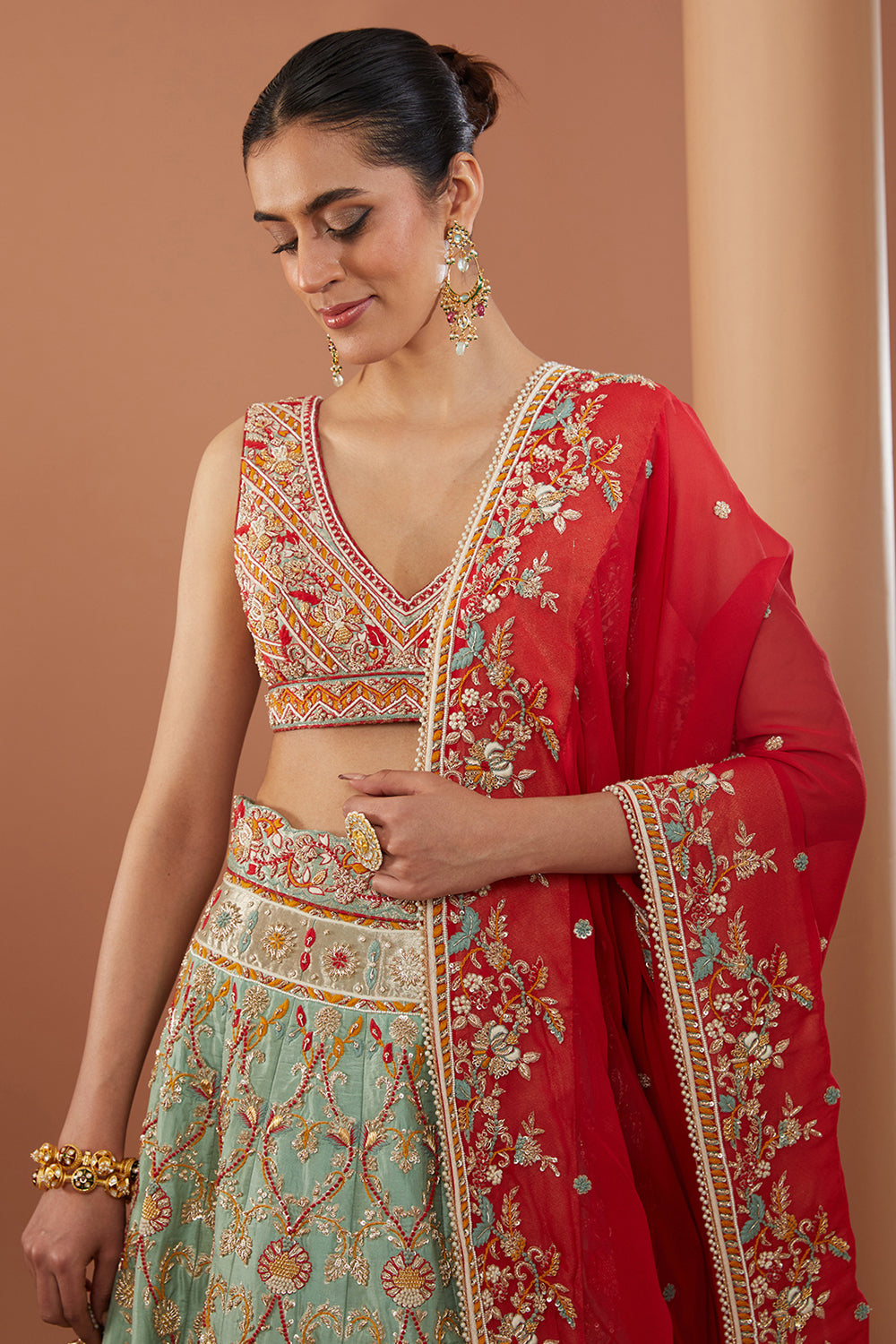 Green Raw Silk Hand Embroidered Lehanga Set - Auraya Fashion 