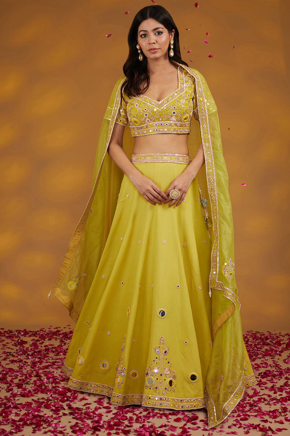 Yellow Georgette Hand Embroidered Lehanga Set