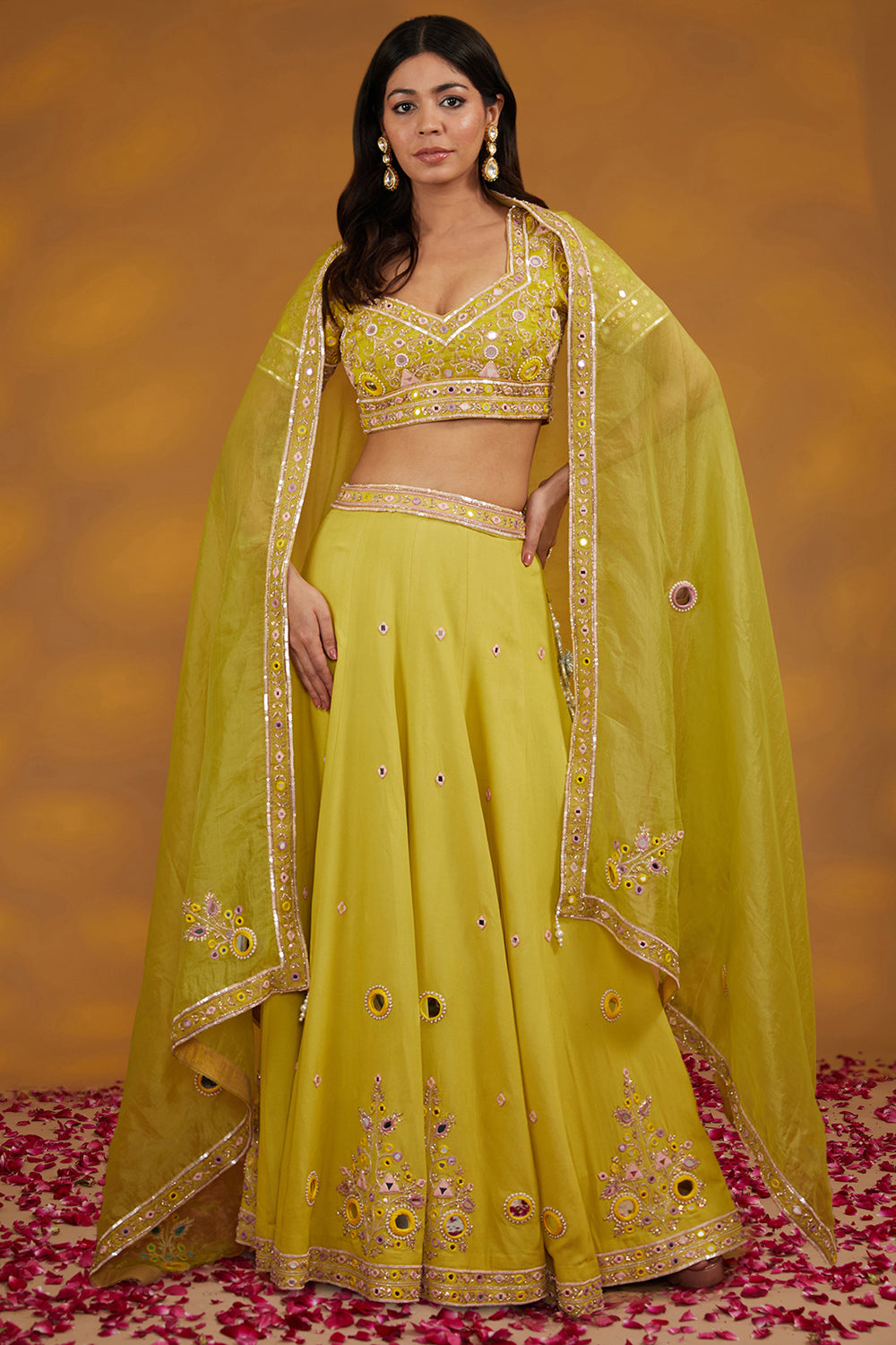 Yellow Georgette Hand Embroidered Lehenga Set