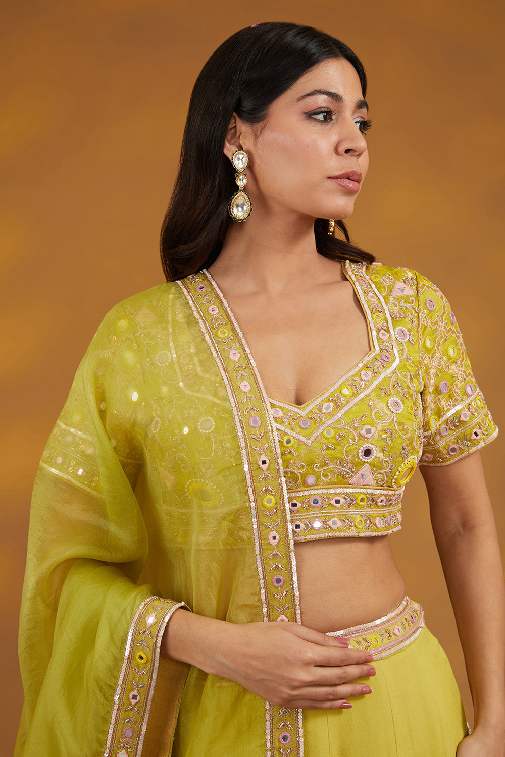 Yellow Georgette Hand Embroidered Lehenga Set