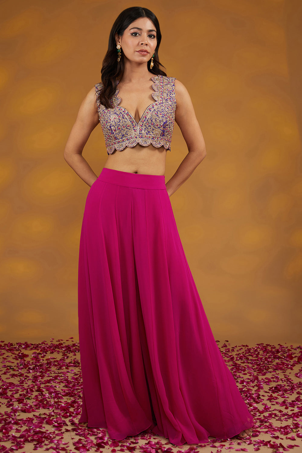 Pink Georgette Hand Embroidered Sharara Set - Auraya Fashion 