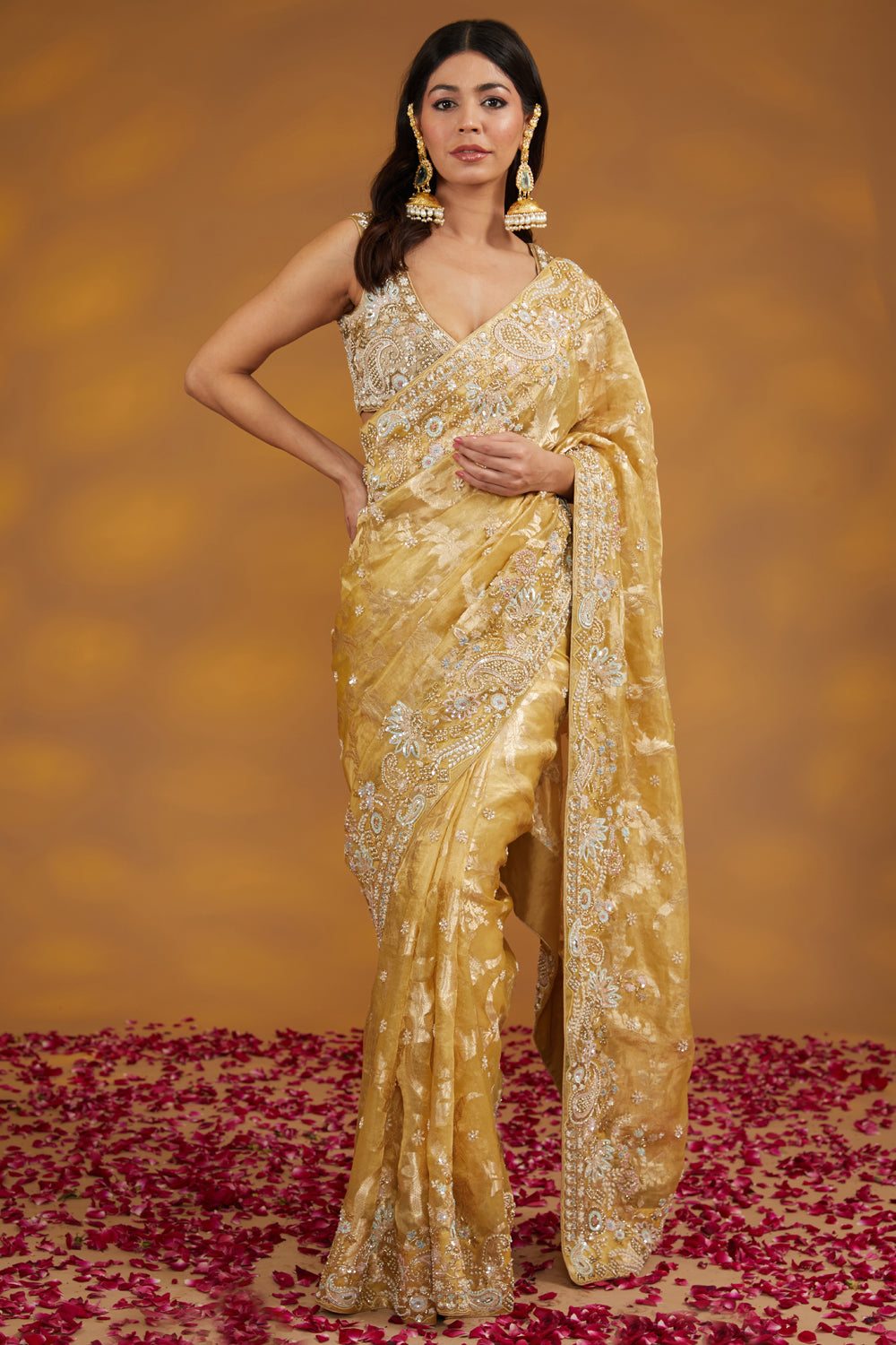 Gold Organza Tissue Hand Embroidered Saree Set - Auraya Fashion 