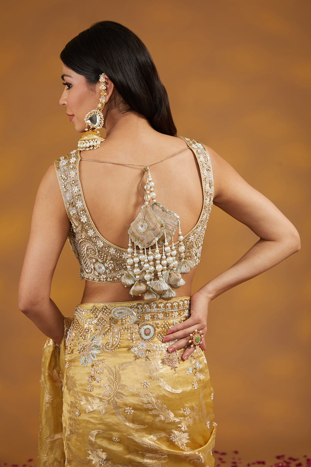 Gold Organza Tissue Hand Embroidered Saree Set - Auraya Fashion 